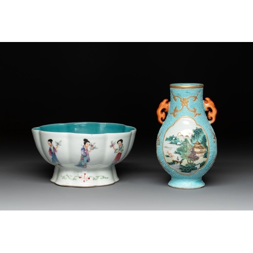 345 - A Chinese famille rose turquoise-ground 'hu' vase and a 'ladies' bowl, Qianlong mark, RepublicL.: 14... 