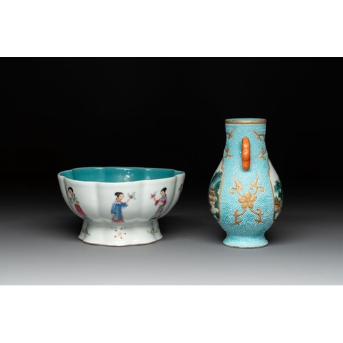 345 - A Chinese famille rose turquoise-ground 'hu' vase and a 'ladies' bowl, Qianlong mark, RepublicL.: 14... 