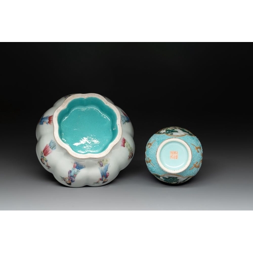 345 - A Chinese famille rose turquoise-ground 'hu' vase and a 'ladies' bowl, Qianlong mark, RepublicL.: 14... 