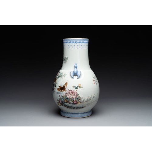 354 - A Chinese famille rose 'quails' 'hu' vase, signed Xiong Mengting , dated 1969H.: 41,5 cm... 