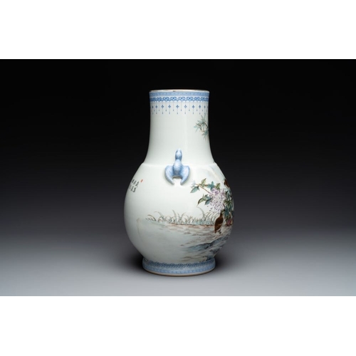 354 - A Chinese famille rose 'quails' 'hu' vase, signed Xiong Mengting , dated 1969H.: 41,5 cm... 