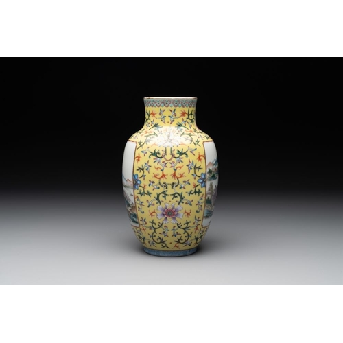 364 - A Chinese famille rose yellow-ground lantern-shaped  'landscape' vase, Qianlong mark, RepublicH.: 21... 