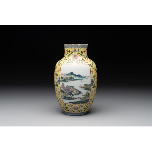 364 - A Chinese famille rose yellow-ground lantern-shaped  'landscape' vase, Qianlong mark, RepublicH.: 21... 