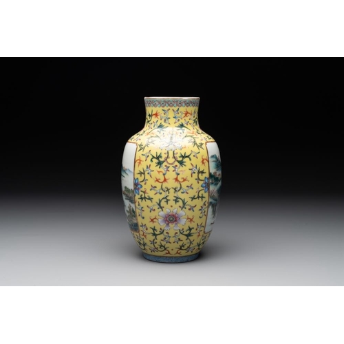 364 - A Chinese famille rose yellow-ground lantern-shaped  'landscape' vase, Qianlong mark, RepublicH.: 21... 