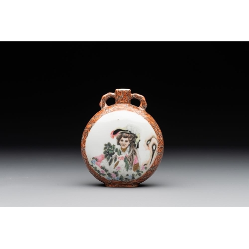 366 - A small Chinese famille rose 'faux-marbre' and 'European subject' moonflask, Qianlong mark, 20th C.H... 