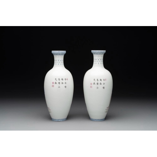 372 - A pair of Chinese famille rose semi-eggshell 'ladies and boys' vases, Hongxian mark, 20th C.H.: 21,2... 