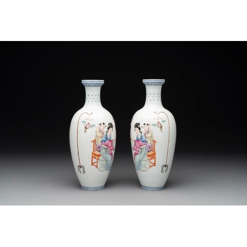 372 - A pair of Chinese famille rose semi-eggshell 'ladies and boys' vases, Hongxian mark, 20th C.H.: 21,2... 