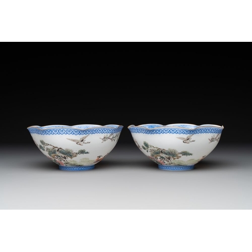 374 - A varied collection of eight Chinese famille rose eggshell bowls, Jingdezhen mark, 20th C.Dia.: 24,2... 