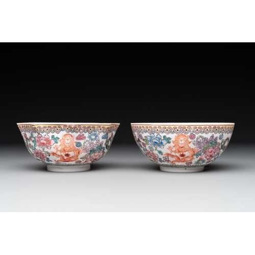 374 - A varied collection of eight Chinese famille rose eggshell bowls, Jingdezhen mark, 20th C.Dia.: 24,2... 