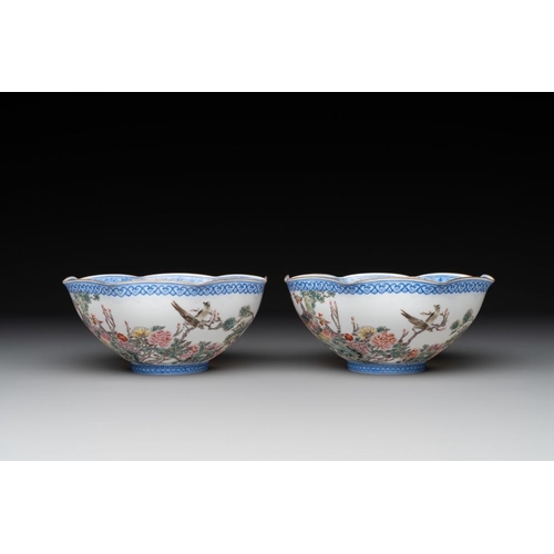 374 - A varied collection of eight Chinese famille rose eggshell bowls, Jingdezhen mark, 20th C.Dia.: 24,2... 