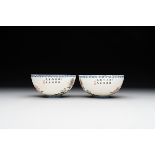 375 - A pair of Chinese famille rose eggshell bowls with floral design, Qianlong mark, 20th C.Dia.: 12,5 c... 