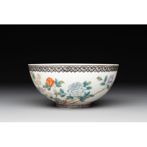 379 - A Chinese famille rose eggshell 'peonies' bowl, Qianlong mark, 20th C.Dia.: 13 cm -H.: 6 cm... 