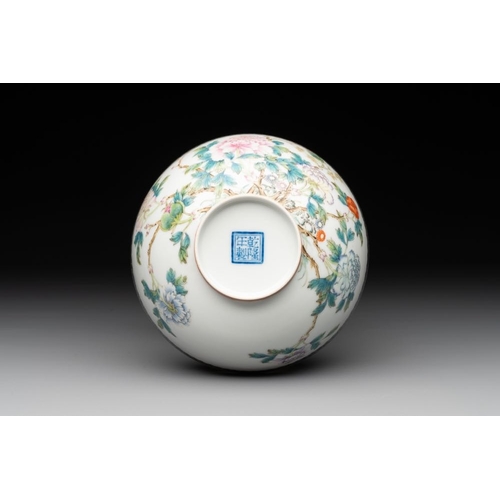 379 - A Chinese famille rose eggshell 'peonies' bowl, Qianlong mark, 20th C.Dia.: 13 cm -H.: 6 cm... 