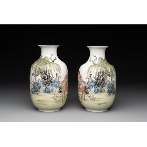 384 - A pair of Chinese famille rose lantern-shaped  vases with figures and cows, Qianlong mark, RepublicH... 