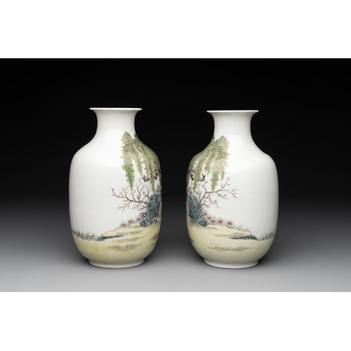 384 - A pair of Chinese famille rose lantern-shaped  vases with figures and cows, Qianlong mark, RepublicH... 