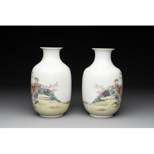 384 - A pair of Chinese famille rose lantern-shaped  vases with figures and cows, Qianlong mark, RepublicH... 