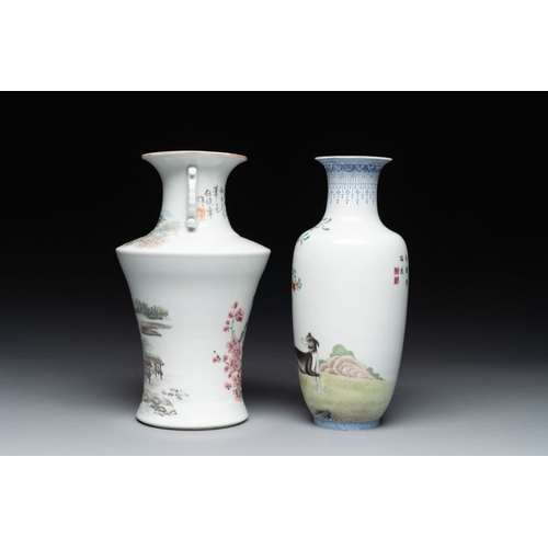 387 - A Chinese famille rose vase, Qianlong and Shinian  mark, 20th C., and a qianjiang cai vase, signed R... 