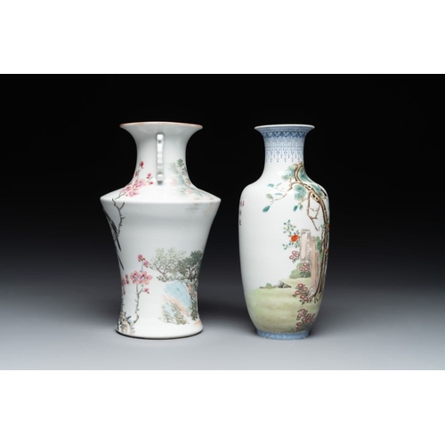 387 - A Chinese famille rose vase, Qianlong and Shinian  mark, 20th C., and a qianjiang cai vase, signed R... 