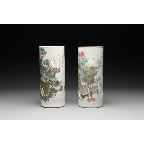 389 - Two Chinese qianjiang cai 'antiquities' hat stands, signed Xu Pinheng , Guangxu mark, dated 1892 and... 