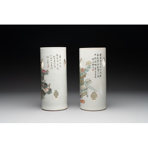 389 - Two Chinese qianjiang cai 'antiquities' hat stands, signed Xu Pinheng , Guangxu mark, dated 1892 and... 