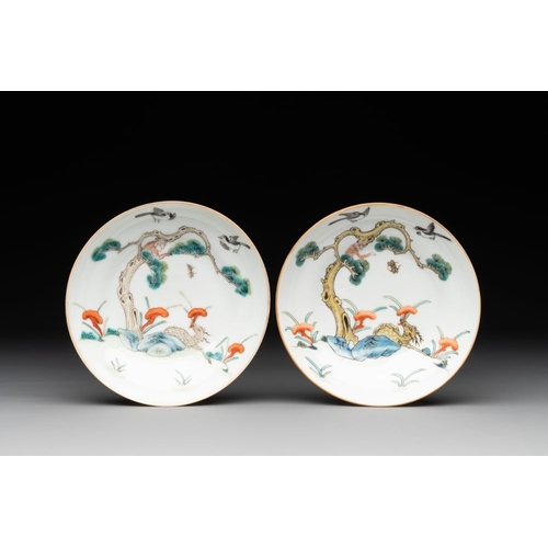 395 - A pair of Chinese famille rose 'monkey and deer' cups and saucers, Tongzhi mark and of the periodDia... 