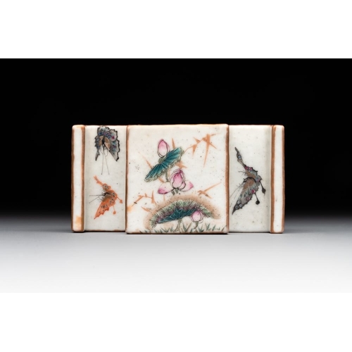 397 - A Chinese famille rose bowl, a cup and a brush rest, Qianlong and Tongzhi mark, 19/20th C.Dia.: 9,2 ... 