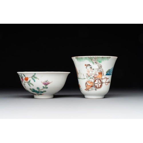 397 - A Chinese famille rose bowl, a cup and a brush rest, Qianlong and Tongzhi mark, 19/20th C.Dia.: 9,2 ... 