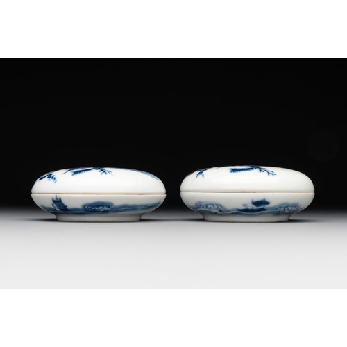 427 - A pair of Chinese blue and white and a pair of blue, white and copper-red seal paste boxes, Kangxi a... 