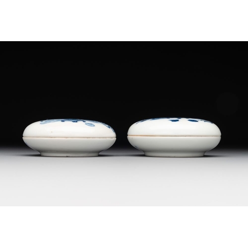 427 - A pair of Chinese blue and white and a pair of blue, white and copper-red seal paste boxes, Kangxi a... 