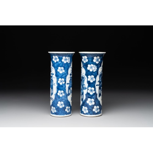 435 - A pair of Chinese blue and white 'gu' vases, three jars, a plate and a plaque, Kangxi mark, 19th C.H... 