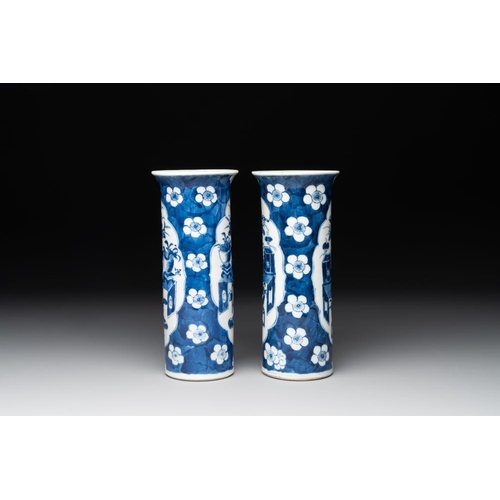 435 - A pair of Chinese blue and white 'gu' vases, three jars, a plate and a plaque, Kangxi mark, 19th C.H... 