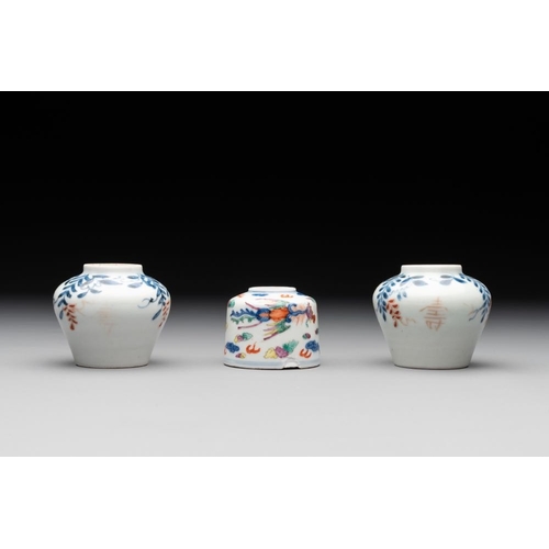 436 - Seven Chinese blue, white and doucai vases, Wanli/Yongzheng/Qianlong mark, 19th C.H.: 5,5 cm (the sm... 