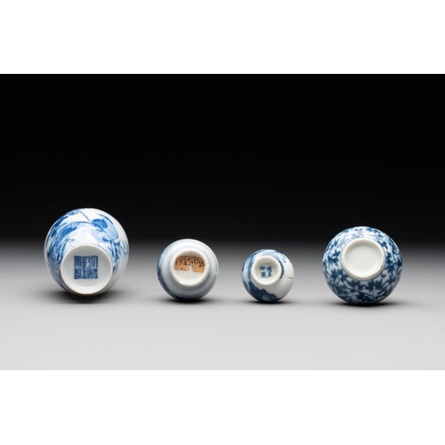 436 - Seven Chinese blue, white and doucai vases, Wanli/Yongzheng/Qianlong mark, 19th C.H.: 5,5 cm (the sm... 