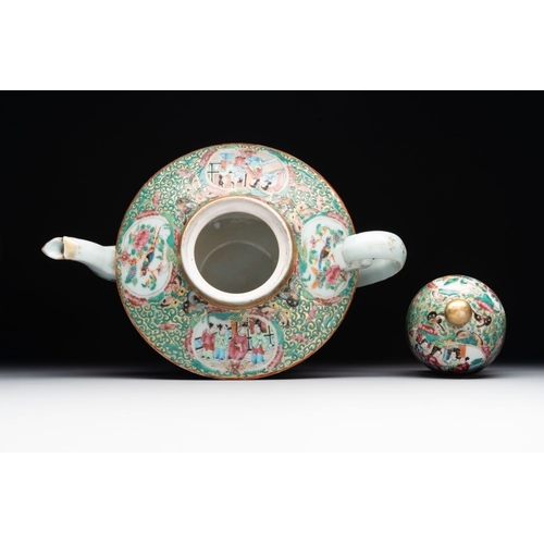 445 - Two Chinese Canton famille rose teapots, a small covered tureen with stand, two cups and two saucers... 