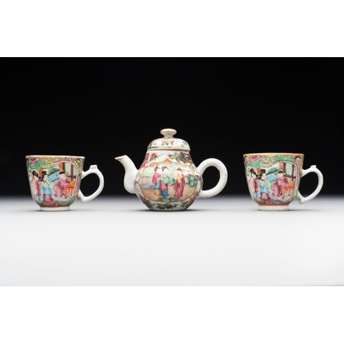 445 - Two Chinese Canton famille rose teapots, a small covered tureen with stand, two cups and two saucers... 