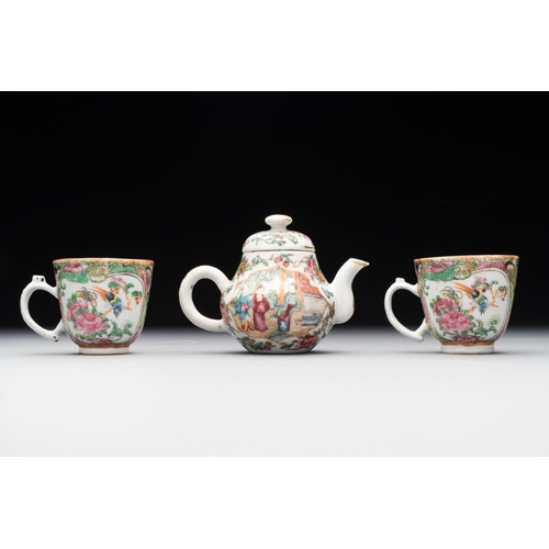 445 - Two Chinese Canton famille rose teapots, a small covered tureen with stand, two cups and two saucers... 