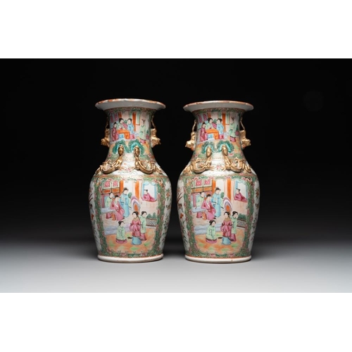 448 - A Chinese famille verte 'mythical animal' vase and two Canton famille rose vases, 19th C.H.: 35 cm (... 