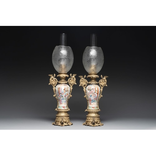 449 - Two Chinese Canton famille rose vases mounted as lamps, a pair of vases and a bronze-mounted bowl, 1... 