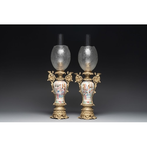 449 - Two Chinese Canton famille rose vases mounted as lamps, a pair of vases and a bronze-mounted bowl, 1... 