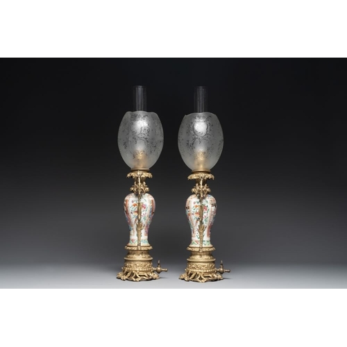 449 - Two Chinese Canton famille rose vases mounted as lamps, a pair of vases and a bronze-mounted bowl, 1... 