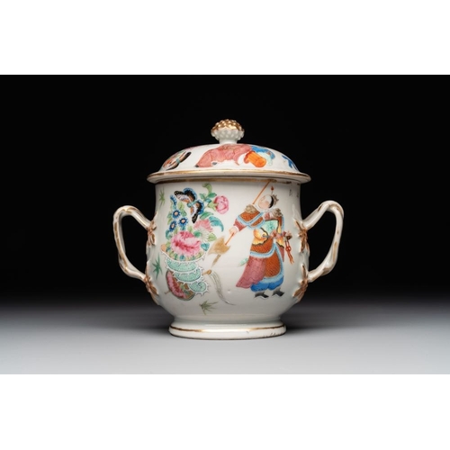 454 - A Chinese Canton famille rose 'Wu Shuang Pu' covered sugar bowl and two bowls, 19th C.L.: 14,5 - H.:... 