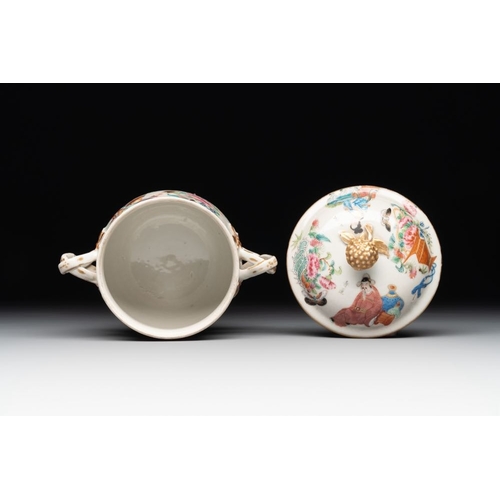 454 - A Chinese Canton famille rose 'Wu Shuang Pu' covered sugar bowl and two bowls, 19th C.L.: 14,5 - H.:... 