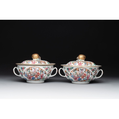 458 - A pair of Chinese Canton famille rose two-handled bowls and covers with narrative design, 19th C.L.:... 