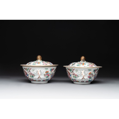 458 - A pair of Chinese Canton famille rose two-handled bowls and covers with narrative design, 19th C.L.:... 