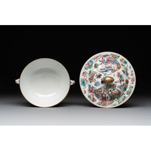 458 - A pair of Chinese Canton famille rose two-handled bowls and covers with narrative design, 19th C.L.:... 