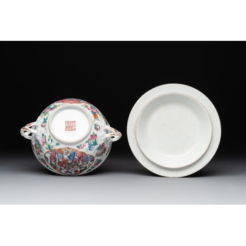 458 - A pair of Chinese Canton famille rose two-handled bowls and covers with narrative design, 19th C.L.:... 