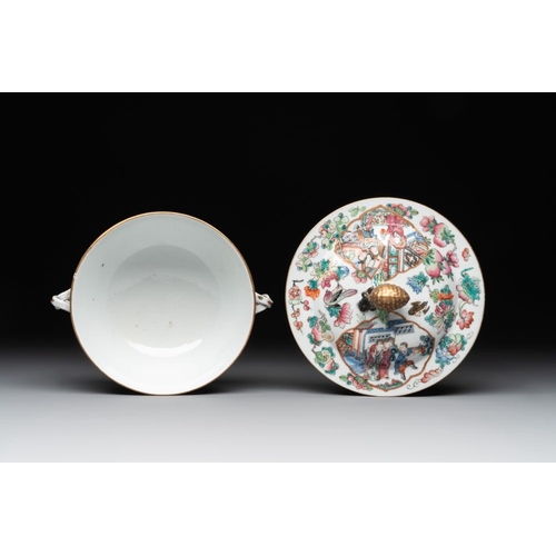 458 - A pair of Chinese Canton famille rose two-handled bowls and covers with narrative design, 19th C.L.:... 