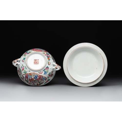 458 - A pair of Chinese Canton famille rose two-handled bowls and covers with narrative design, 19th C.L.:... 