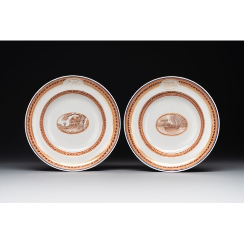 463 - Four Chinese export 'EHA' monogrammed 'landscape' cups and saucers, Jiaqing, ca. 1800Dia.: 16 cm (ea... 