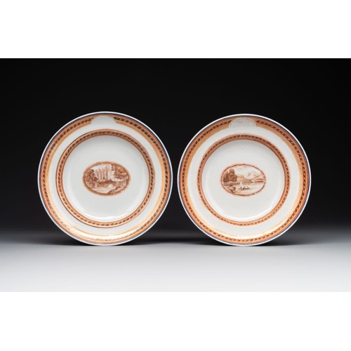 463 - Four Chinese export 'EHA' monogrammed 'landscape' cups and saucers, Jiaqing, ca. 1800Dia.: 16 cm (ea... 